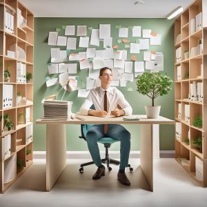 A worker is looking thoughtfully at a plant growing from a pot on their desk, symbolizing growth and change within the corporate environment.