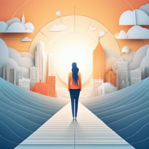 A professional standing confidently at a crossroads, with one path leading to a bright future and the other to a corporate building. The person is holding a compass, symbolizing guidance and alignment with personal values.