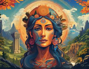 Collage of Mother Earth personifications: Gaia (Greek), Terra (Roman), Pachamama (Andean), Prithvi (Hindu), Danu (Celtic), Asase Yaa (West African Akan), Jord (Norse), and Ki (Sumerian).