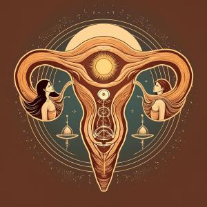 Artistic representation of a uterus with yin and yang energies shown as two women, a moon behind symbolizing feminine energy and the subconscious, fallopian tubes forming an infinity symbol representing feminine lineage, a kundalini symbol in the center, and a sun representing enlightenment and warmth.