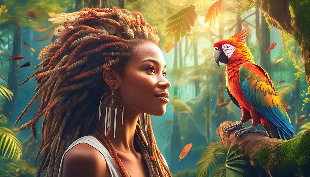 Illustration of Mother Earth as a majestic goddess with copper-toned skin, dark cascading hair, and a generous smile, symbolising her nurturing spirit and the profound reverence humans have held for her throughout history.