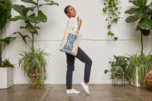 Tote bag from Gaia's Threads with the message 'Ban the bag.