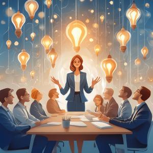 A leader in a business setting, passionately speaking to a group of engaged colleagues. The leader has a glowing aura, signifying their passion and energy.