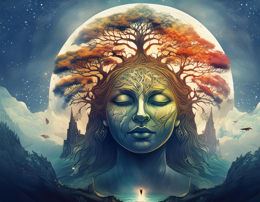 Artistic depiction of Mother Earth symbolizing resilience and transformative growth, surrounded by a dynamic landscape representing continuous change and interconnectedness with nature.
