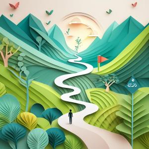 A person walking along a winding path through a lush, green landscape. 