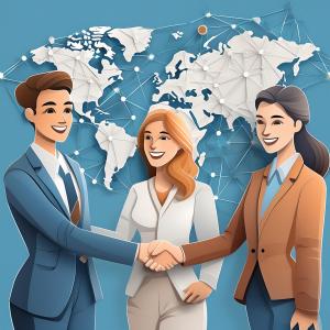 A diverse group of professionals in a collaborative workspace. They are shaking hands and smiling, representing partnership and trust. 